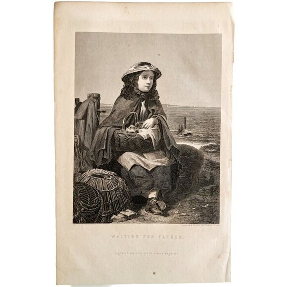Girl At Docks Waits For Father Steel Engraving 1859 Victorian Nautical Art DWY5D - Picture 2 of 2
